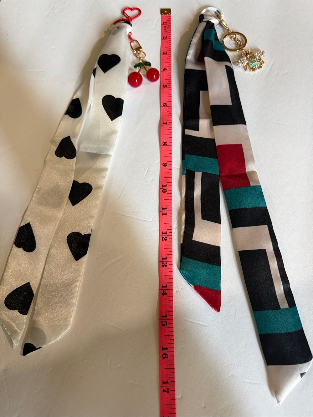 Silk Scarf Key & Card Holder Charm - Black Heart and Geometric Teal/Red